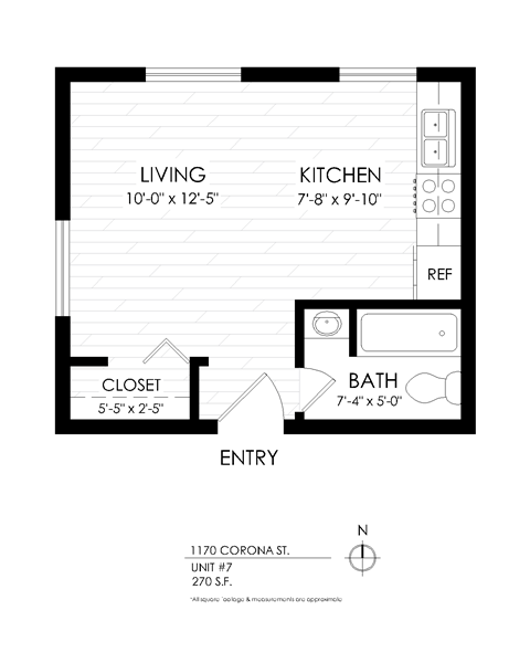 Floor plan for studio, 1 bath, 275 sqft